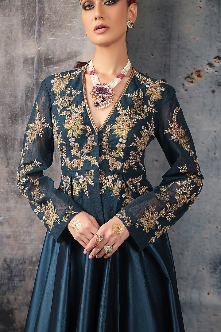 Blue Kora Silk High-Waisted Skirt Set by Niti Bothra at Pernia's Pop Up Shop