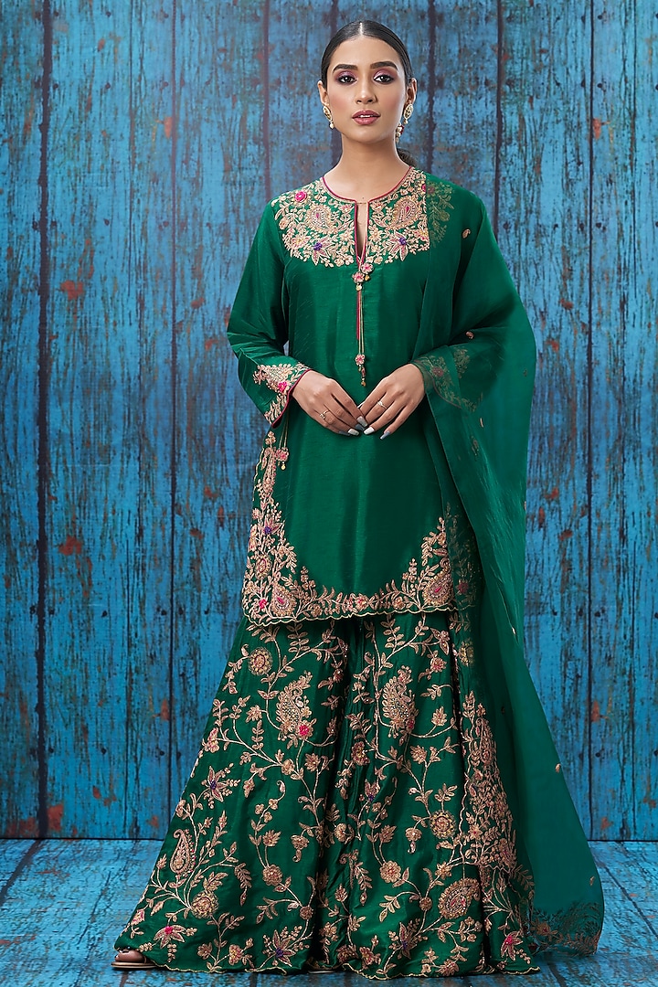 Green Embroidered Wedding Sharara Set by Niti Bothra at Pernia's Pop Up Shop