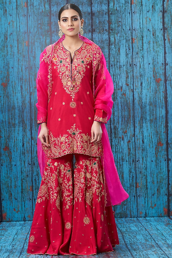 Pink Zardosi Embroidered Wedding Sharara Set by Niti Bothra at Pernia's Pop Up Shop