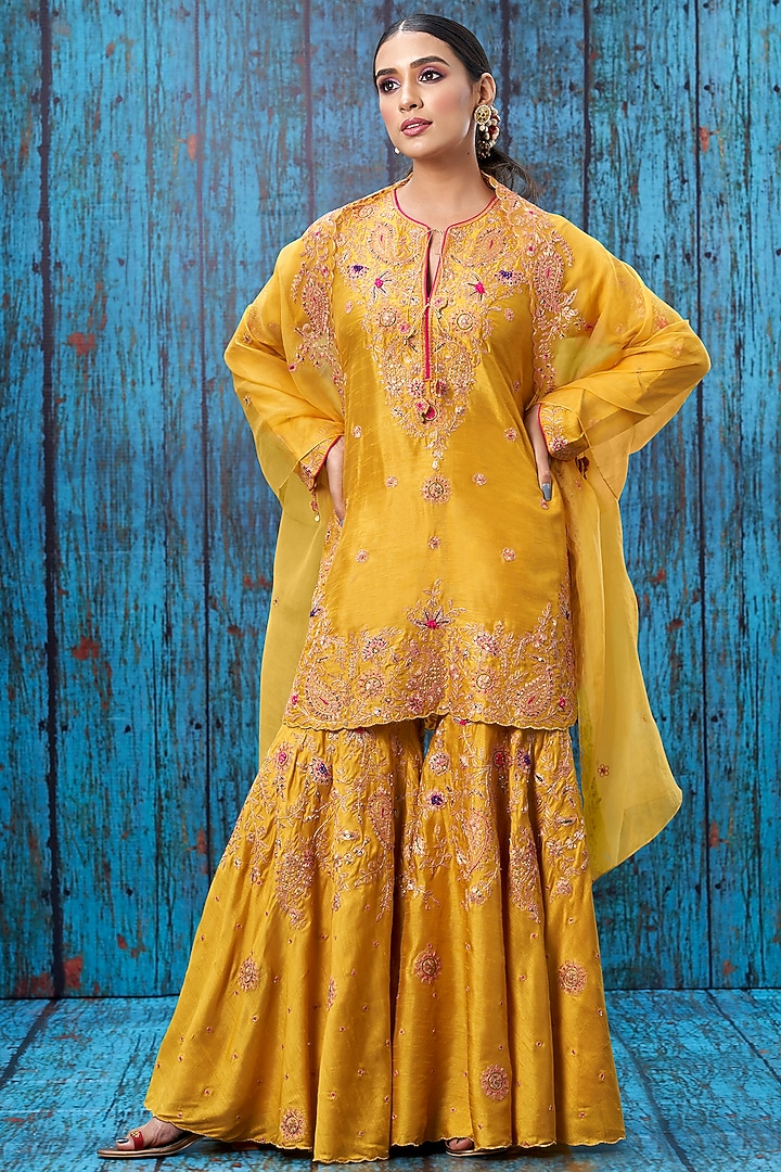 Yellow Embroidered Wedding Sharara Set by Niti Bothra at Pernia's Pop Up Shop