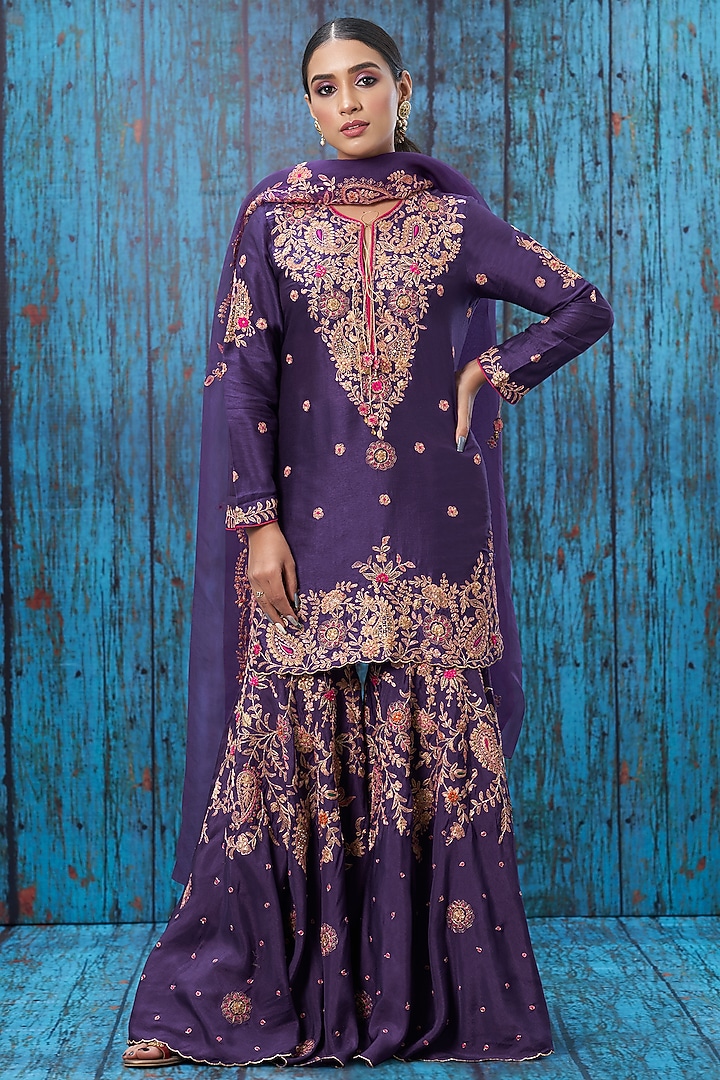 Purple Marodi Embroidered Wedding Sharara Set by Niti Bothra at Pernia's Pop Up Shop