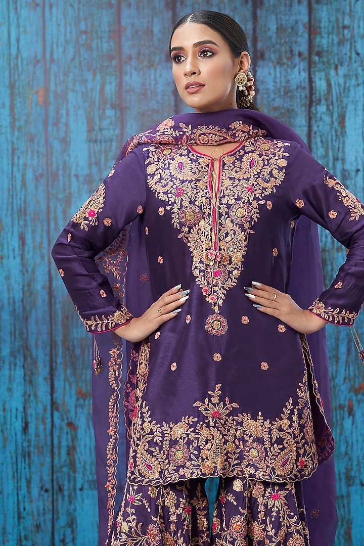 Purple Marodi Embroidered Wedding Sharara Set by Niti Bothra at Pernia's Pop Up Shop