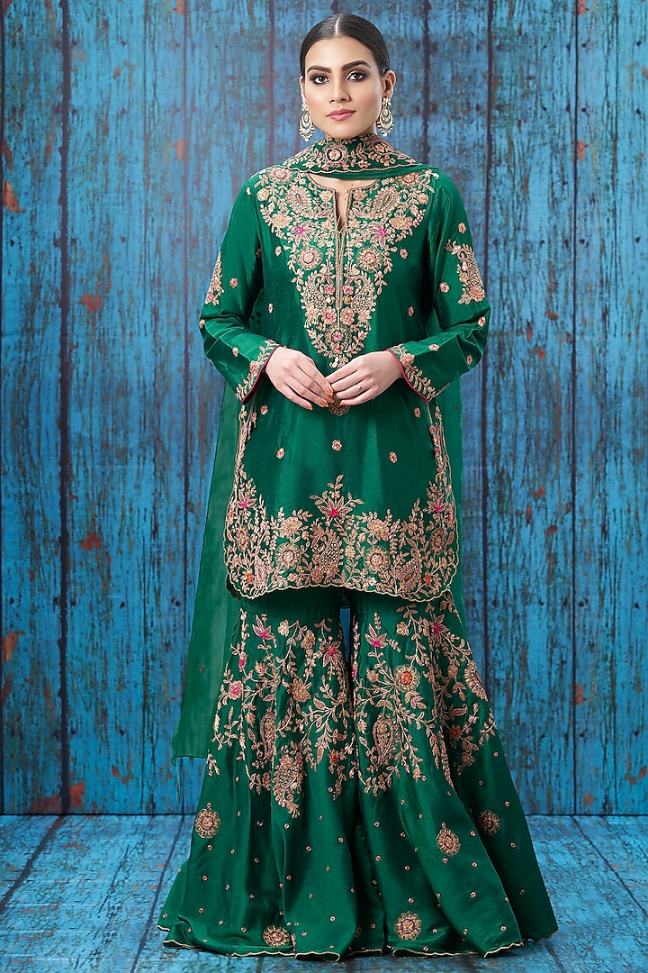 Green Zardosi Embroidered Sharara Set Design by Niti Bothra at Pernia's
