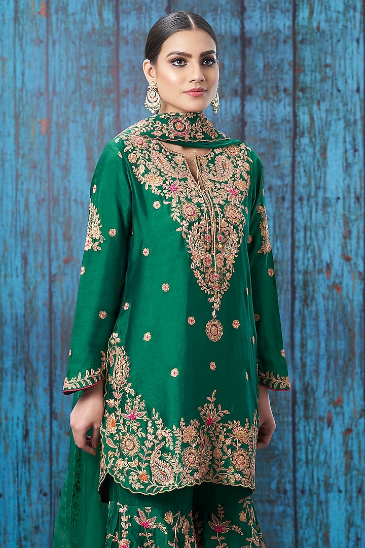 Green Zardosi Embroidered Wedding Sharara Set by Niti Bothra at Pernia's Pop Up Shop