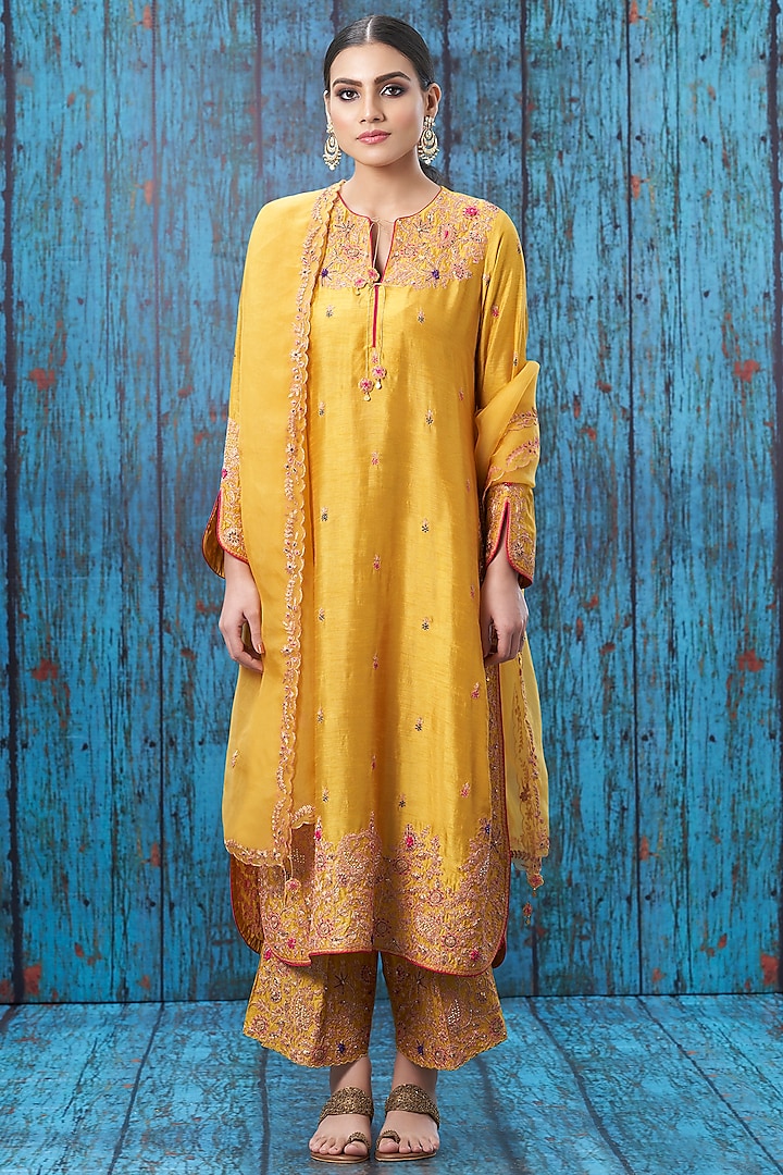 Yellow Embroidered Long Kurta Set by Niti Bothra