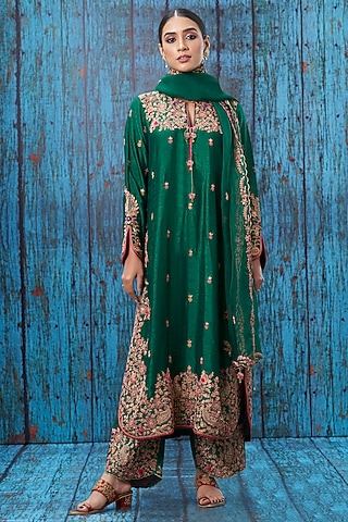 Green Embroidered Long Kurta Set by Niti Bothra