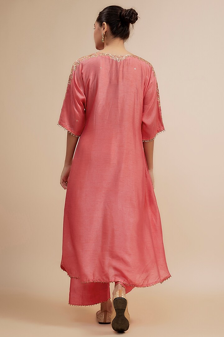 Pink Silk Zardosi Hand Embroidered Kurta Set by Niti Bothra at Pernia's Pop Up Shop
