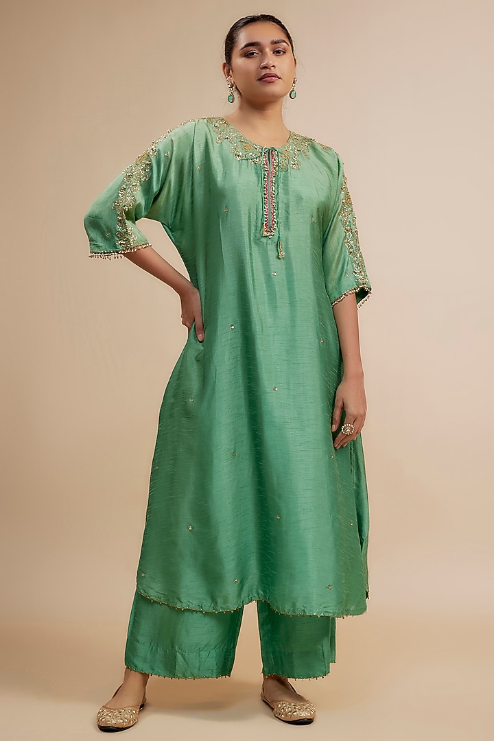 Sea Green Silk Zardosi Hand Embroidered Kurta Set by Niti Bothra at Pernia's Pop Up Shop