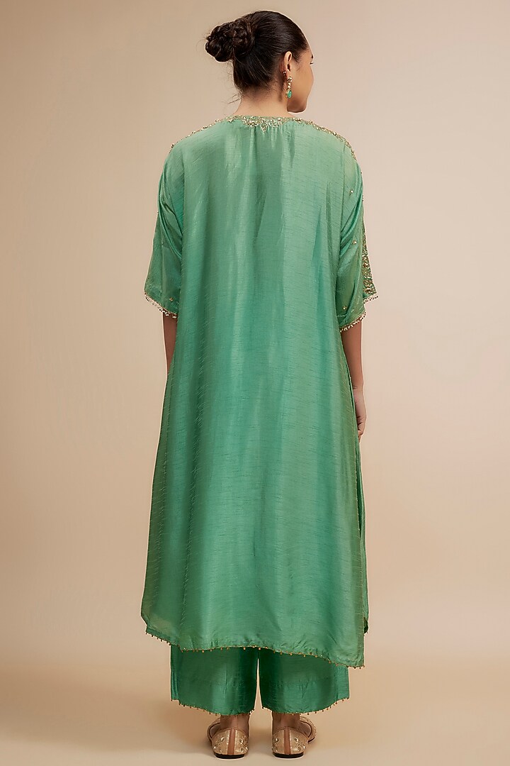 Sea Green Silk Zardosi Hand Embroidered Kurta Set by Niti Bothra at Pernia's Pop Up Shop