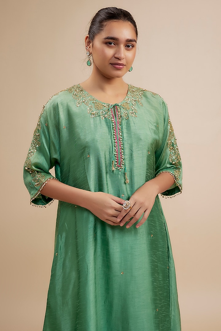 Sea Green Silk Zardosi Hand Embroidered Kurta Set by Niti Bothra at Pernia's Pop Up Shop