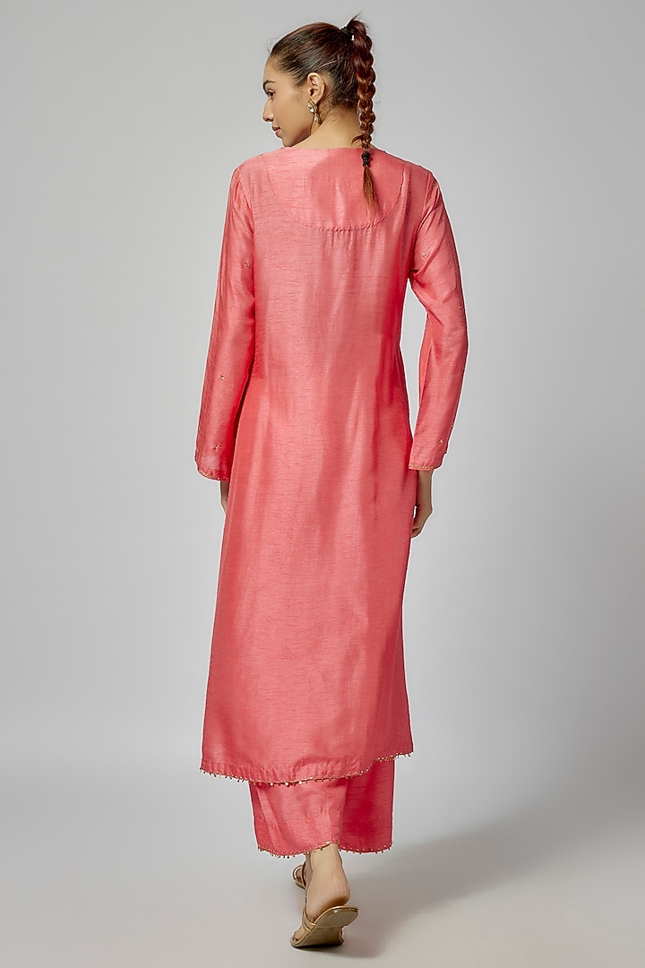 Carrot Pink Silk Tikki & Zardosi Embroidered Kurta Set by Niti Bothra at Pernia's Pop Up Shop
