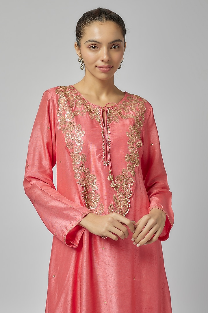 Carrot Pink Silk Tikki & Zardosi Embroidered Kurta Set by Niti Bothra at Pernia's Pop Up Shop