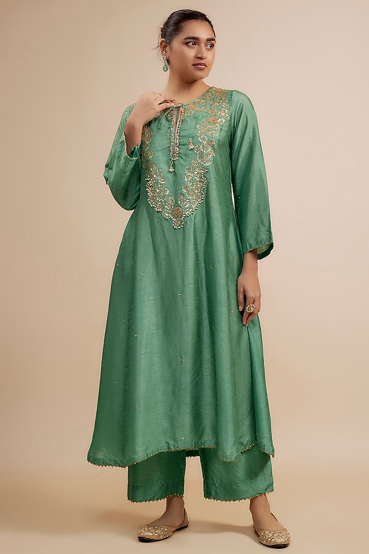 Sea Green Silk Zardosi Hand Embroidered Kurta Set by Niti Bothra at Pernia's Pop Up Shop
