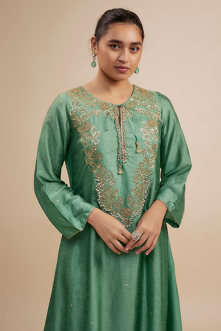 Sea Green Silk Zardosi Hand Embroidered Kurta Set by Niti Bothra at Pernia's Pop Up Shop