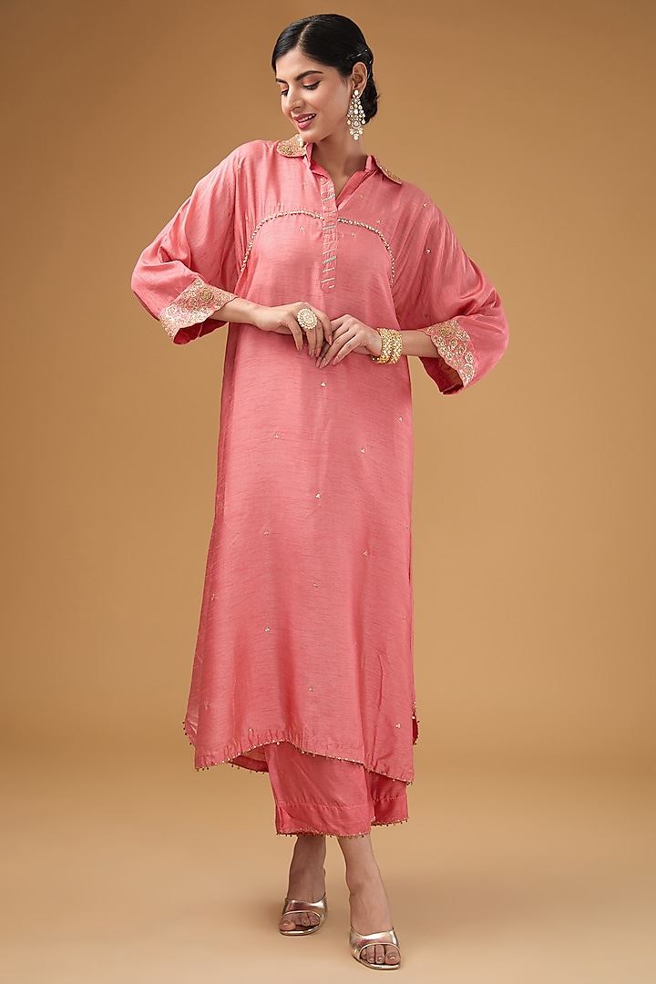 Carrot Pink Silk Zardosi Hand Embroidered Kurta Set by Niti Bothra at Pernia's Pop Up Shop