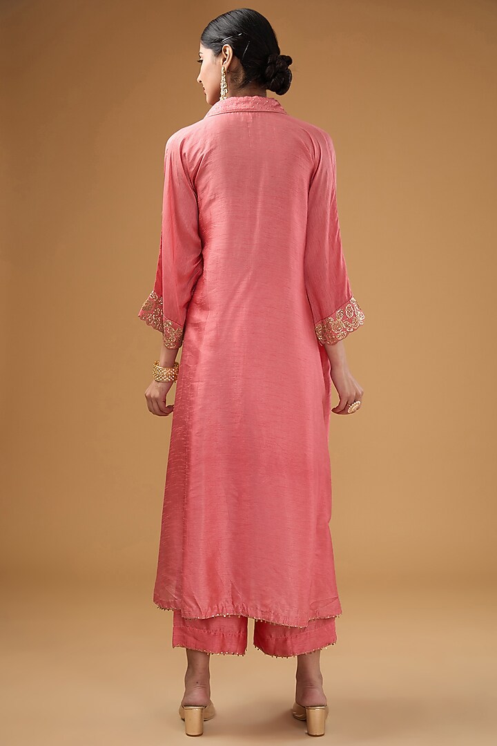 Carrot Pink Silk Zardosi Hand Embroidered Kurta Set by Niti Bothra at Pernia's Pop Up Shop