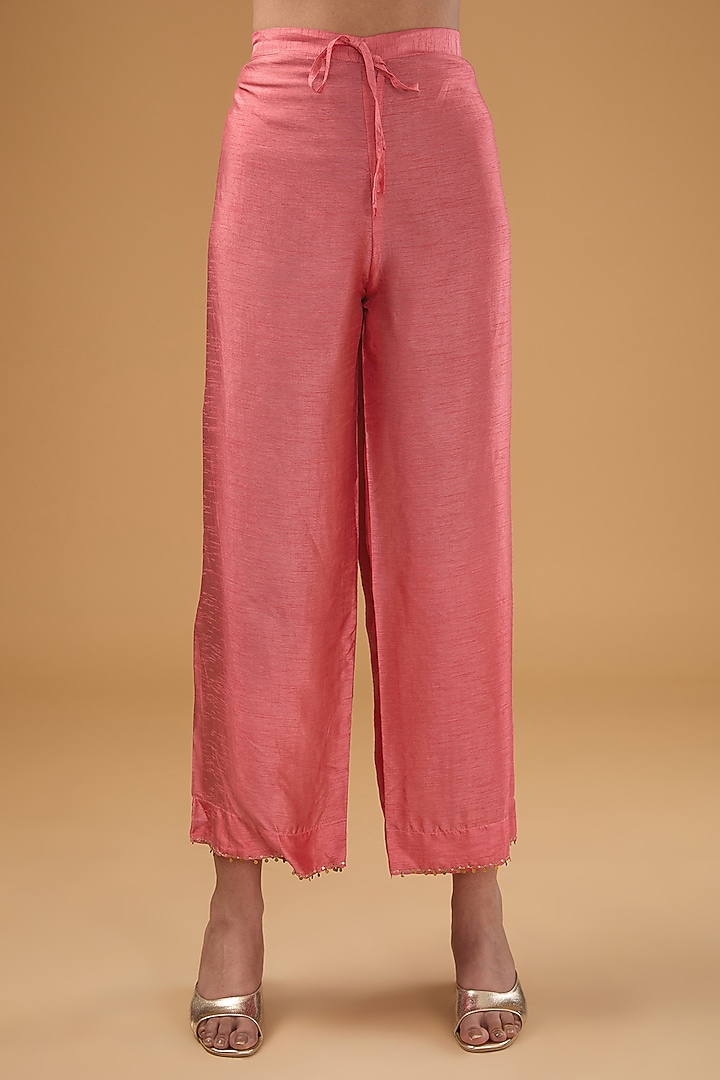 Carrot Pink Silk Zardosi Hand Embroidered Kurta Set by Niti Bothra at Pernia's Pop Up Shop