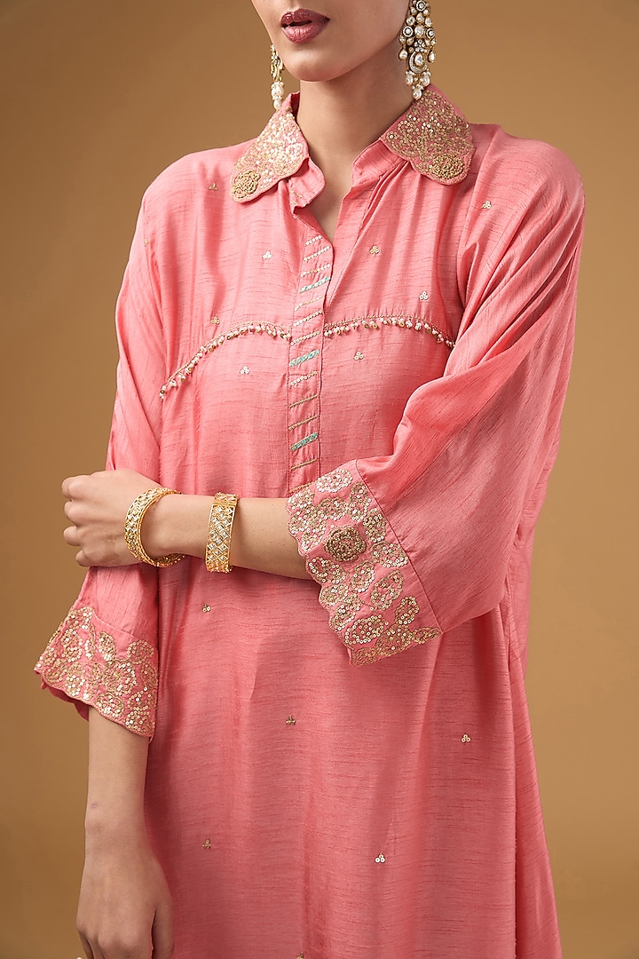 Carrot Pink Silk Zardosi Hand Embroidered Kurta Set by Niti Bothra at Pernia's Pop Up Shop