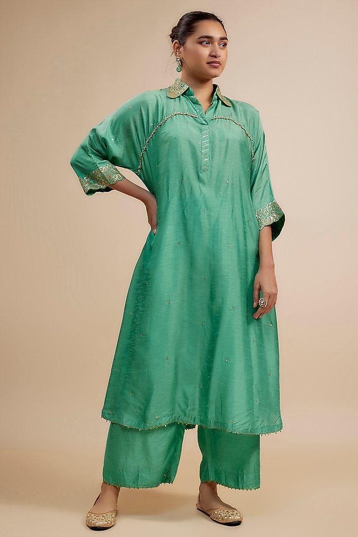 Sea Green Silk Zardosi Embroidered Kurta Set by Niti Bothra at Pernia's Pop Up Shop