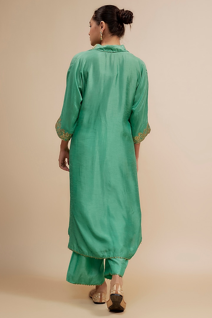 Sea Green Silk Zardosi Embroidered Kurta Set by Niti Bothra at Pernia's Pop Up Shop