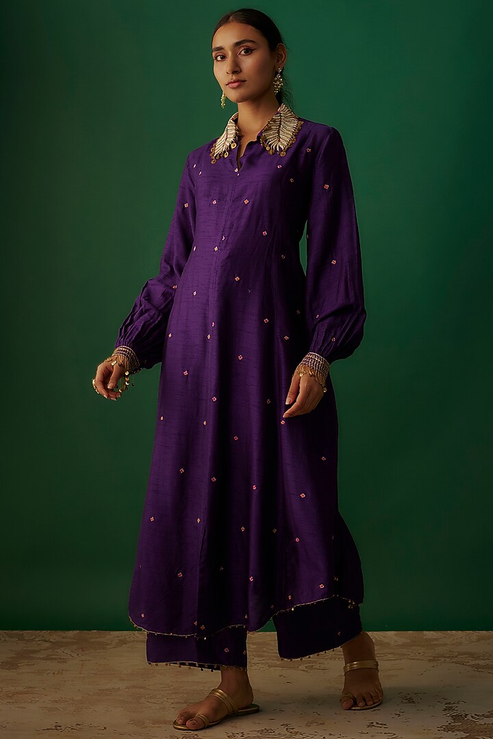 Purple Silk Zardosi Embroidered Kurta Set by Niti Bothra at Pernia's Pop Up Shop