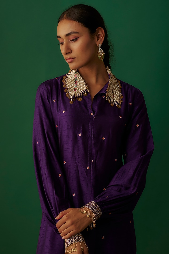 Purple Silk Zardosi Embroidered Kurta Set by Niti Bothra at Pernia's Pop Up Shop