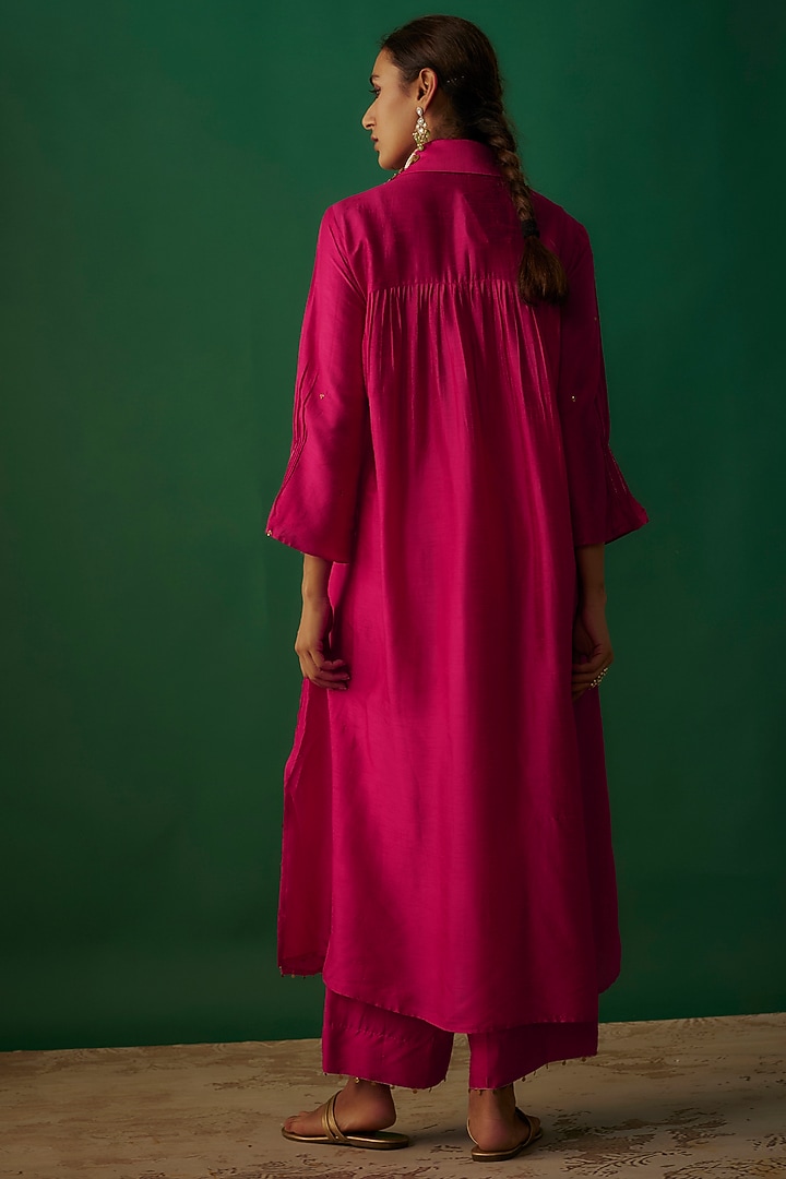 Pink Silk Zardosi Embroidered Pintuck Kurta Set by Niti Bothra at Pernia's Pop Up Shop