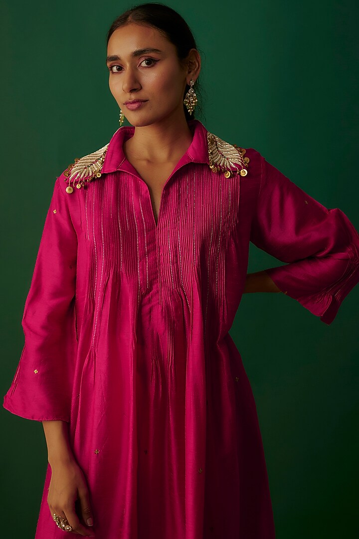 Pink Silk Zardosi Embroidered Pintuck Kurta Set by Niti Bothra at Pernia's Pop Up Shop