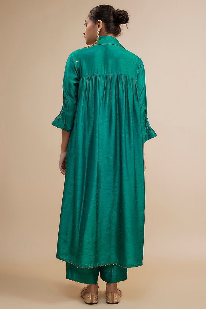 Teal Silk Zardosi Hand Embroidered Kurta Set by Niti Bothra at Pernia's Pop Up Shop