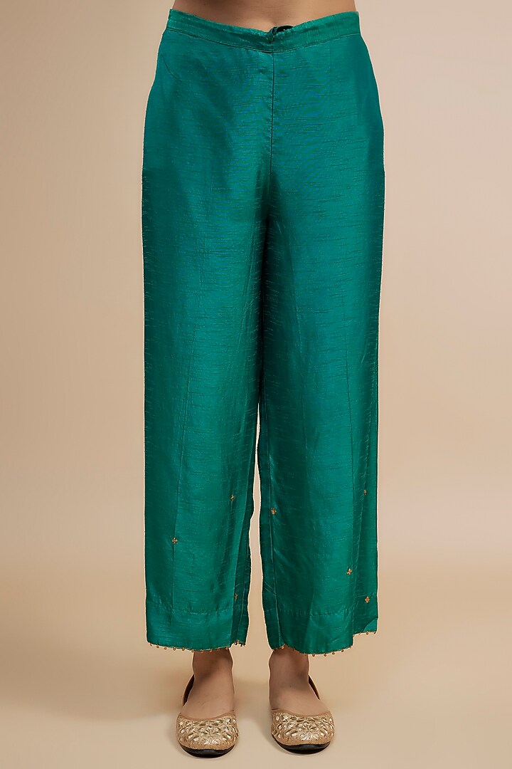 Teal Silk Zardosi Hand Embroidered Kurta Set by Niti Bothra at Pernia's Pop Up Shop