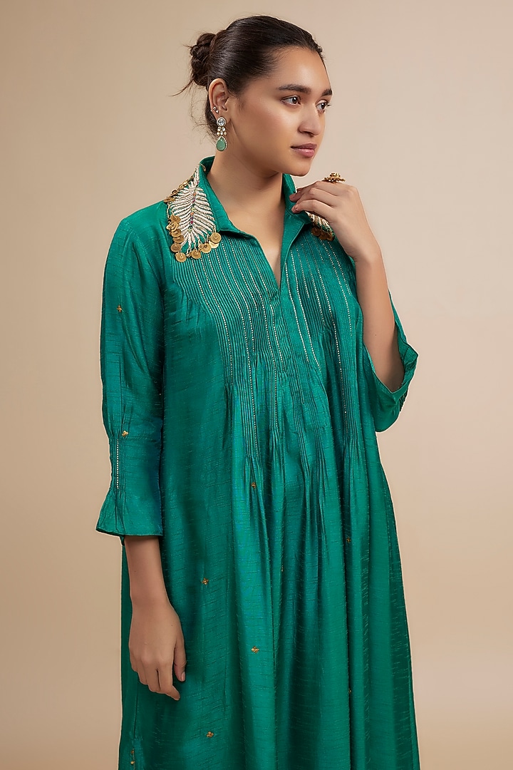 Teal Silk Zardosi Hand Embroidered Kurta Set by Niti Bothra at Pernia's Pop Up Shop