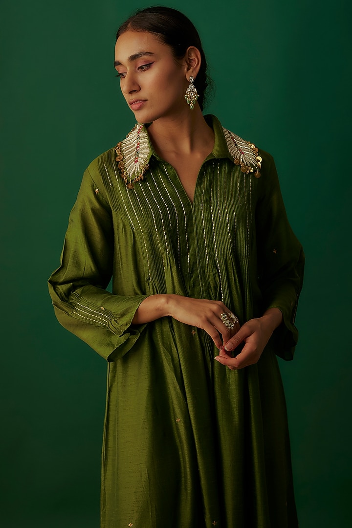 Olive Green Silk Zardosi Embroidered Pintuck Kurta Set by Niti Bothra at Pernia's Pop Up Shop