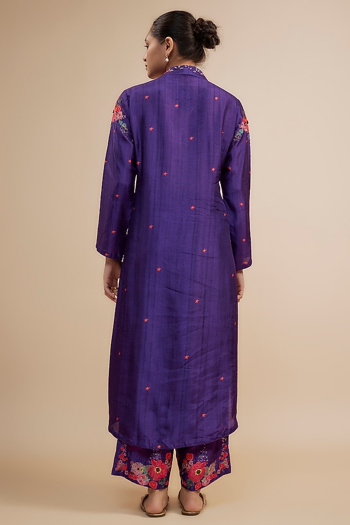 Purple Silk Floral Printed & Sequins Work Kurta Set by Niti Bothra at Pernia's Pop Up Shop