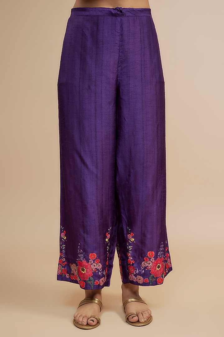 Purple Silk Floral Printed & Sequins Work Kurta Set by Niti Bothra at Pernia's Pop Up Shop