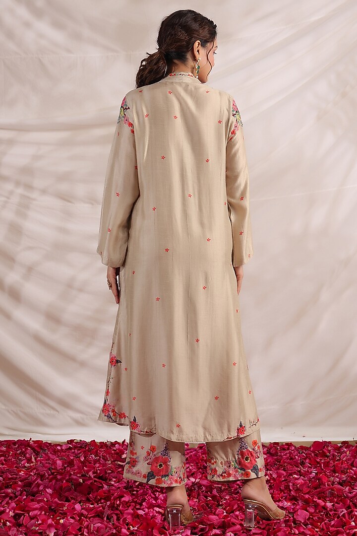 Ivory Silk Floral Printed & Embroidered Kurta Set by Niti Bothra at Pernia's Pop Up Shop