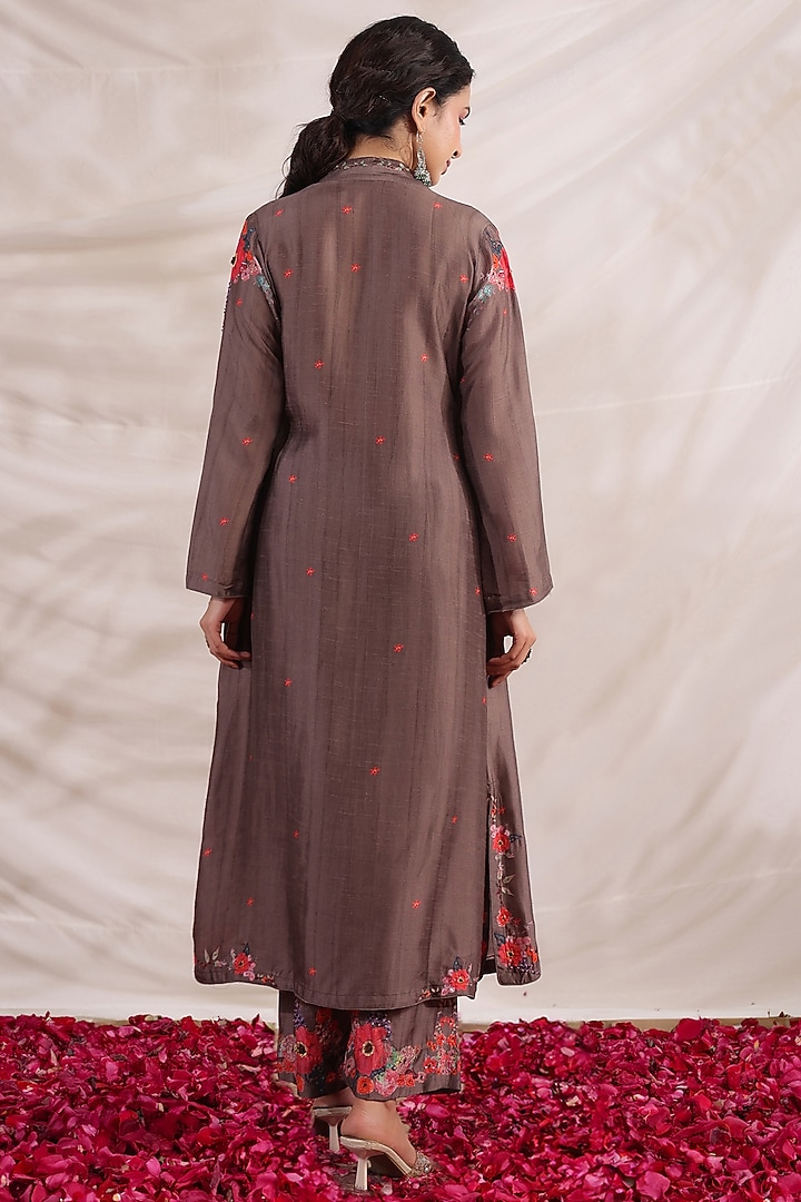 Brown Silk Floral Printed & Embroidered Kurta Set by Niti Bothra at Pernia's Pop Up Shop