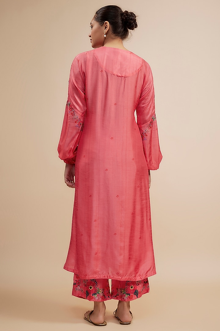 Pink Silk Floral Printed & Sequins Work Kurta Set by Niti Bothra at Pernia's Pop Up Shop