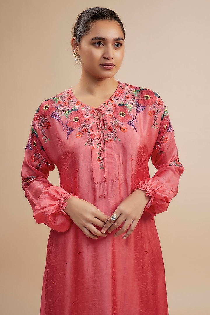 Pink Silk Floral Printed & Sequins Work Kurta Set by Niti Bothra at Pernia's Pop Up Shop