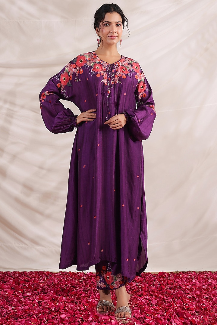 Purple Silk Floral Printed & Embroidered Kurta Set by Niti Bothra