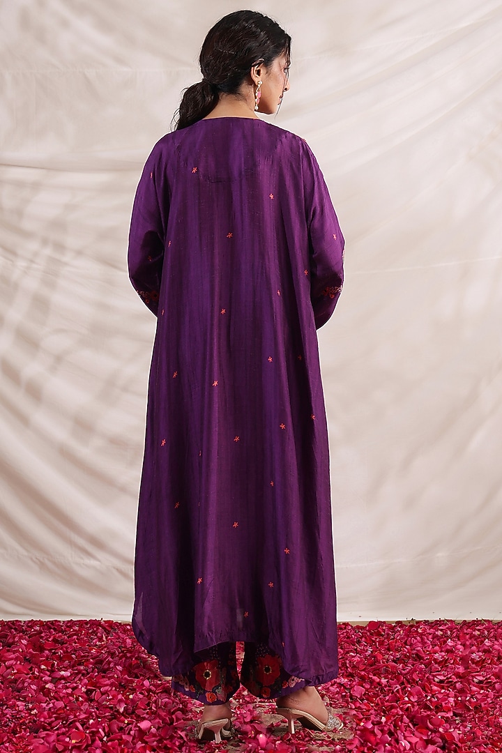 Purple Silk Floral Printed & Embroidered Kurta Set by Niti Bothra at Pernia's Pop Up Shop