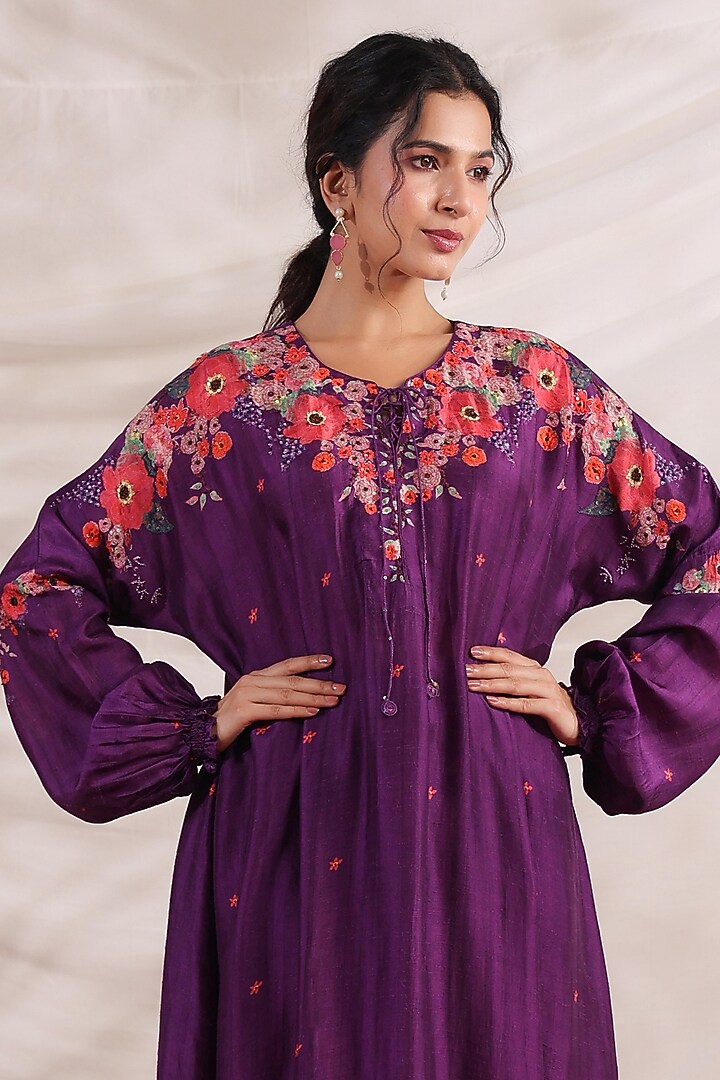 Purple Silk Floral Printed & Embroidered Kurta Set by Niti Bothra at Pernia's Pop Up Shop