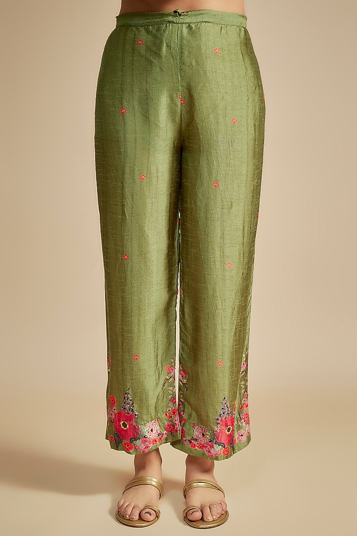 Green Silk Floral Printed & Sequins Work Kurta Set by Niti Bothra at Pernia's Pop Up Shop