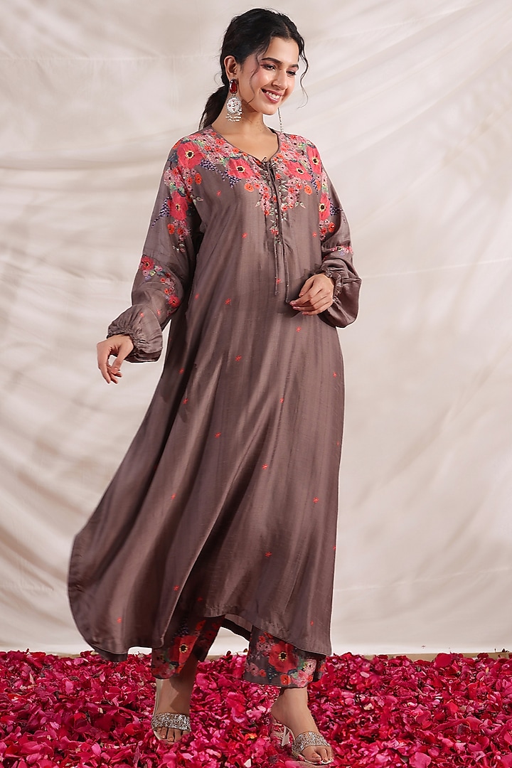 Brown Silk Floral Printed & Embroidered Kurta Set by Niti Bothra at Pernia's Pop Up Shop