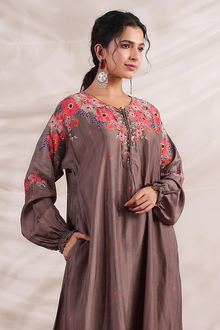 Brown Silk Floral Printed & Embroidered Kurta Set by Niti Bothra at Pernia's Pop Up Shop