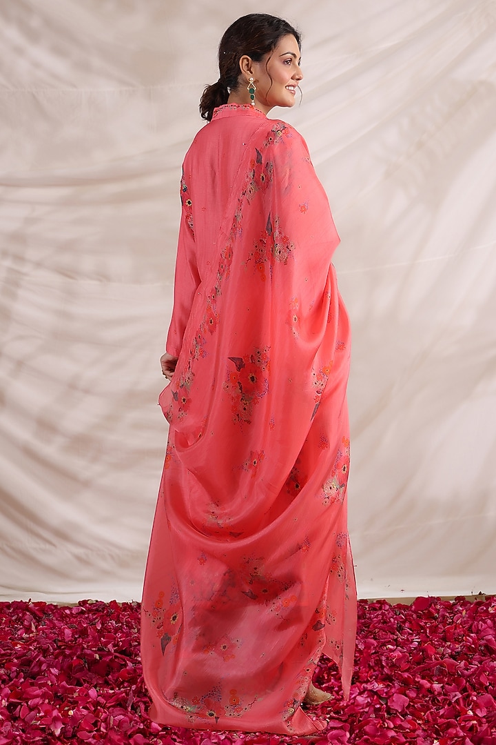 Pink Silk Floral Printed & Embroidered Kurta Set by Niti Bothra at Pernia's Pop Up Shop