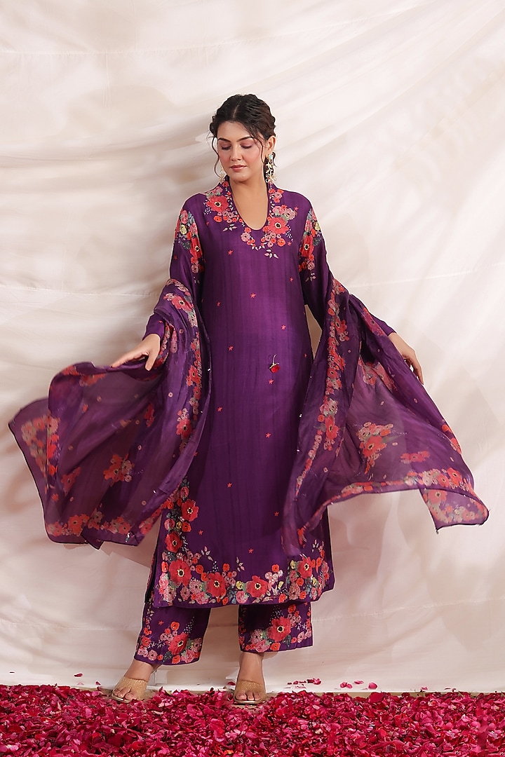 Purple Silk Floral Printed & Embroidered Kurta Set by Niti Bothra at Pernia's Pop Up Shop