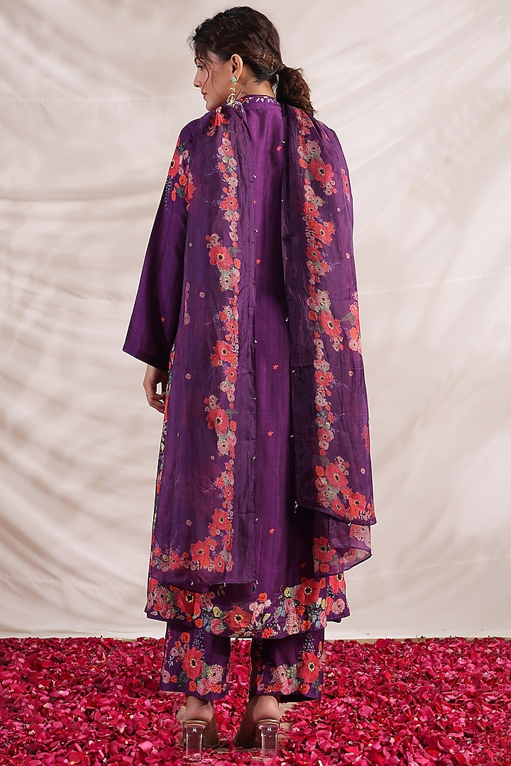 Purple Silk Floral Printed & Embroidered Kurta Set by Niti Bothra at Pernia's Pop Up Shop