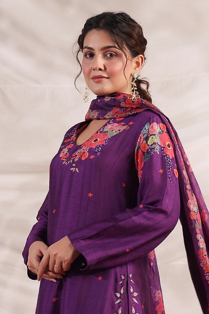 Purple Silk Floral Printed & Embroidered Kurta Set by Niti Bothra at Pernia's Pop Up Shop