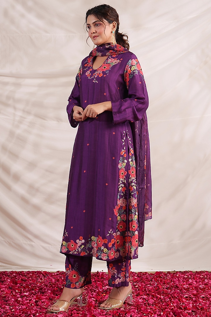 Purple Silk Floral Printed & Embroidered Kurta Set by Niti Bothra at Pernia's Pop Up Shop