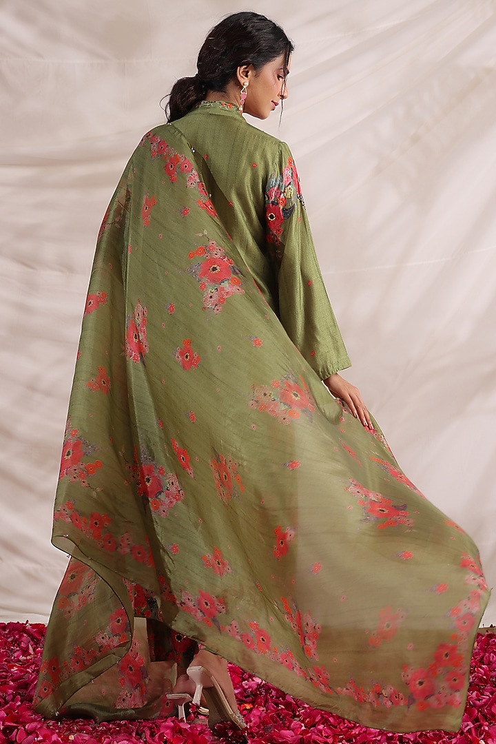 Green Silk Floral Printed & Embroidered Kurta Set by Niti Bothra at Pernia's Pop Up Shop